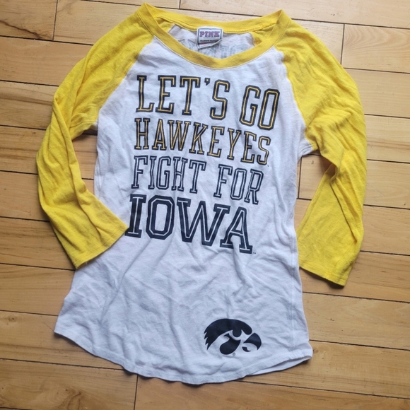 Iowa Hawkeyes PINK Tee Longer 3/4 Sleeve Ringer Tunic M Victoria's Secret - Picture 1 of 6
